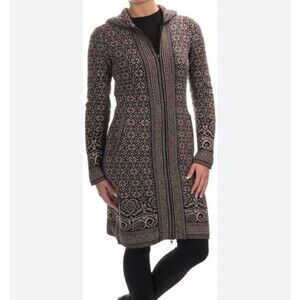 Dakini Long Cardigan Dress Midi Brown Tan Fair Isle Zip Pockets Hooded L